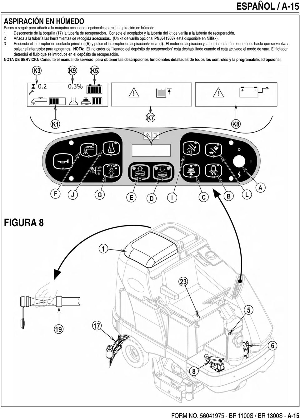 (Un kit de varilla opcional PN56413687 está disponible en Nilfi sk). 3 Encienda el interruptor de contacto principal (A) y pulse el interruptor de aspiración/varilla (I).