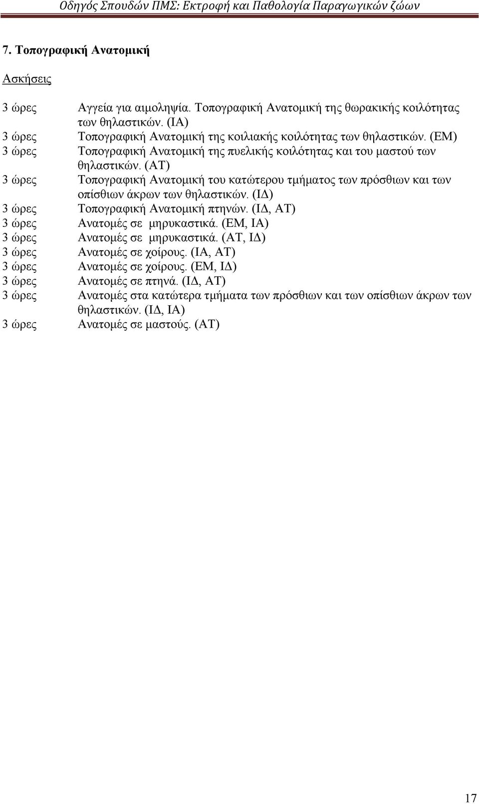 (ΑΤ) 3 ώρες Τοπογραφική Ανατομική του κατώτερου τμήματος των πρόσθιων και των οπίσθιων άκρων των θηλαστικών. (ΙΔ) 3 ώρες Τοπογραφική Ανατομική πτηνών. (ΙΔ, ΑΤ) 3 ώρες Ανατομές σε μηρυκαστικά.