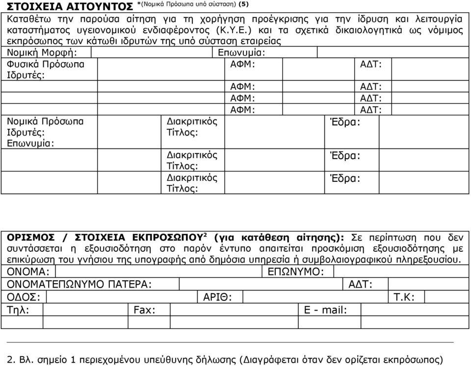 ) και τα σχετικά δικαιολογητικά ως νόμιμος εκπρόσωπος των κάτωθι ιδρυτών της υπό σύσταση εταιρείας Νομική Μορφή: Επωνυμία: Φυσικά Πρόσωπα Ιδρυτές: Νομικά Πρόσωπα Ιδρυτές: Επωνυμία: Διακριτικός