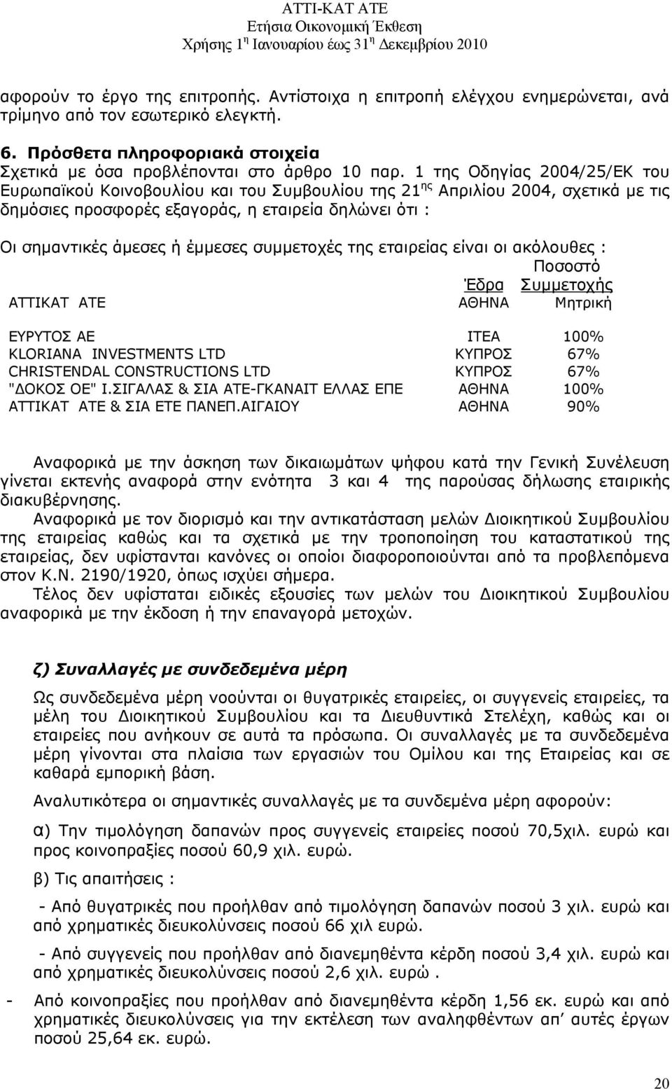 1 της Οδηγίας 2004/25/ΕΚ του Ευρωπαϊκού Κοινοβουλίου και του Συμβουλίου της 21 ης Απριλίου 2004, σχετικά με τις δημόσιες προσφορές εξαγοράς, η εταιρεία δηλώνει ότι : Οι σημαντικές άμεσες ή έμμεσες