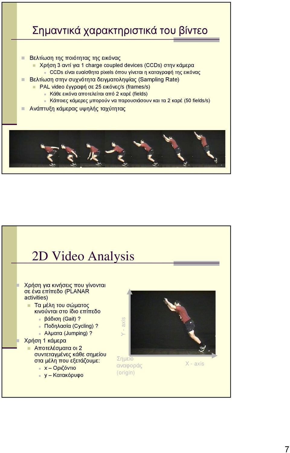 τα καρέ (5 fields/s) Ανάπτυξη κάμερας υψηλής ταχύτητας D Video Analysis Χρήση για κινήσεις που γίνονται σε ένα επίπεδο (PLANAR activities) Τα μέλη του σώματος κινούνται στο ίδιο επίπεδο βάδιση