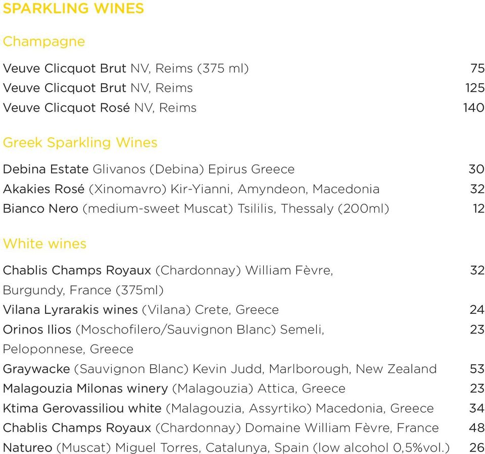 Burgundy, France (375ml) Vilana Lyrarakis wines (Vilana) Crete, Greece 24 Orinos Ilios (Moschofilero/Sauvignon Blanc) Semeli, 23 Peloponnese, Greece Graywacke (Sauvignon Blanc) Kevin Judd,