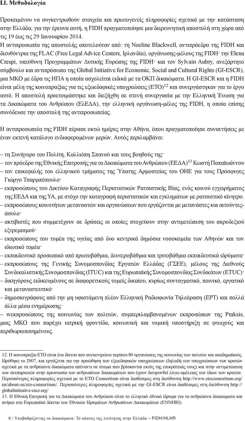 Η αντιπροσωπία της αποστολής αποτελούταν από: τη Noeline Blackwell, αντιπρόεδρο της FIDH και διευθύντρια της FLAC (Free Legal Advice Centers, Ιρλανδία), οργάνωσης-μέλους της FIDH την Elena Crespi,