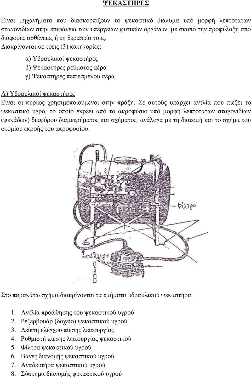 Διακρίνονται σε τρεις (3) κατηγορίες: α) Υδραυλικοί ψεκαστήρες β) Ψεκαστήρες ρεύματος αέρα γ) Ψεκαστήρες πεπιεσμένου αέρα Α) Υδραυλικοί ψεκαστήρες Είναι οι κυρίως χρησιμοποιούμενοι στην πράξη.