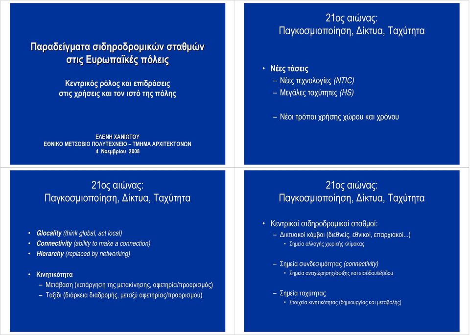 Παγκοσμιοποίηση, Δίκτυα, Ταχύτητα Glocality (think global, act local) Connectivity (ability to make a connection) Hierarchy (replaced by networking) Κινητικότητα Μετάβαση (κατάργηση της μετακίνησης,