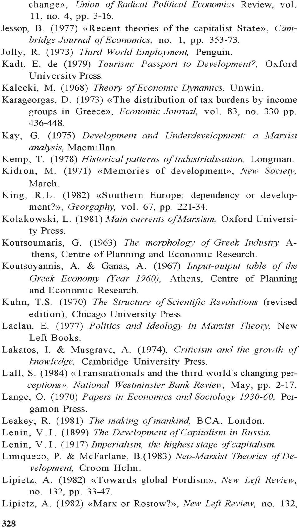 (1973) «The distribution of tax burdens by income groups in Greece», Economic Journal, vol. 83, no. 330 pp. 436-448. Kay, G. (1975) Development and Underdevelopment: a Marxist analysis, Kemp, T.