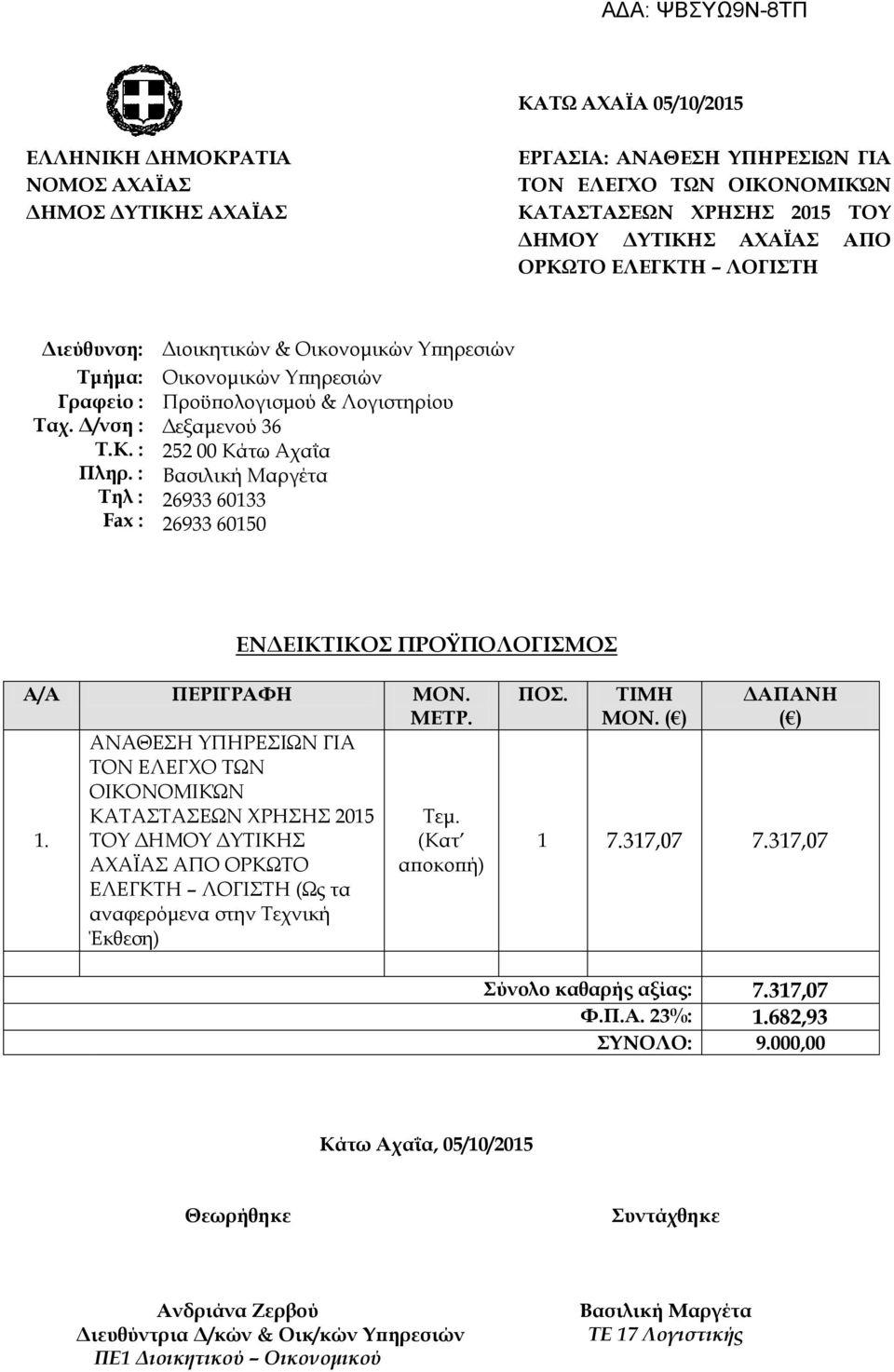 ΑΝΑΘΕΣΗ ΥΠΗΡΕΣΙΩΝ ΓΙΑ ΤΟΝ ΕΛΕΓΧΟ ΤΩΝ ΟΙΚΟΝΟΜΙΚΏΝ ΚΑΤΑΣΤΑΣΕΩΝ ΧΡΗΣΗΣ 2015 Τεμ. 1.