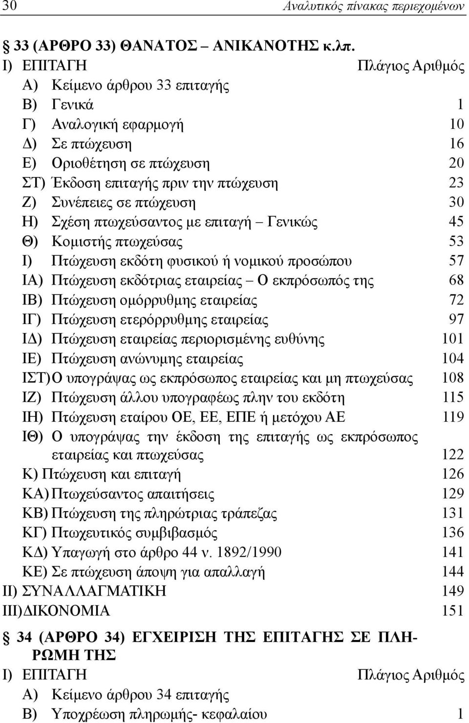 πτωχεύσαντος με επιταγή Γενικώς 45 Θ) Κομιστής πτωχεύσας 53 Ι) Πτώχευση εκδότη φυσικού ή νομικού προσώπου 57 ΙΑ) Πτώχευση εκδότριας εταιρείας Ο εκπρόσωπός της 68 ΙΒ) Πτώχευση ομόρρυθμης εταιρείας 72