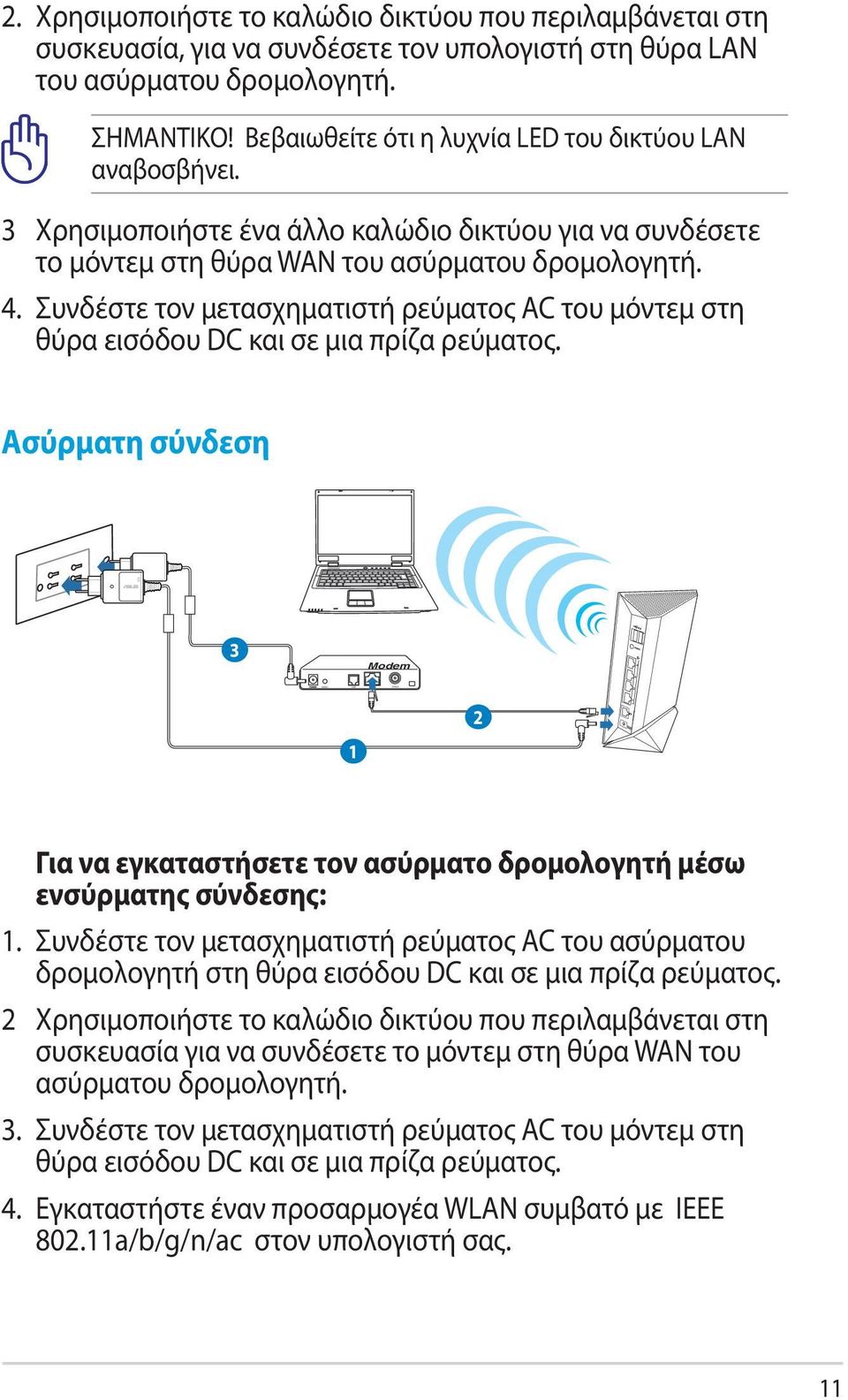 Συνδέστε τον μετασχηματιστή ρεύματος AC του μόντεμ στη θύρα εισόδου DC και σε μια πρίζα ρεύματος.