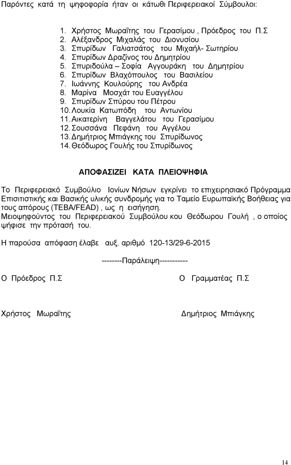 Μαρίνα Μοσχάτ του Ευαγγέλου 9. Σπυρίδων Σπύρου του Πέτρου 10. Λουκία Κατωπόδη του Αντωνίου 11.Αικατερίνη Βαγγελάτου του Γερασίμου 12.Σουσσάνα Πεφάνη του Αγγέλου 13.