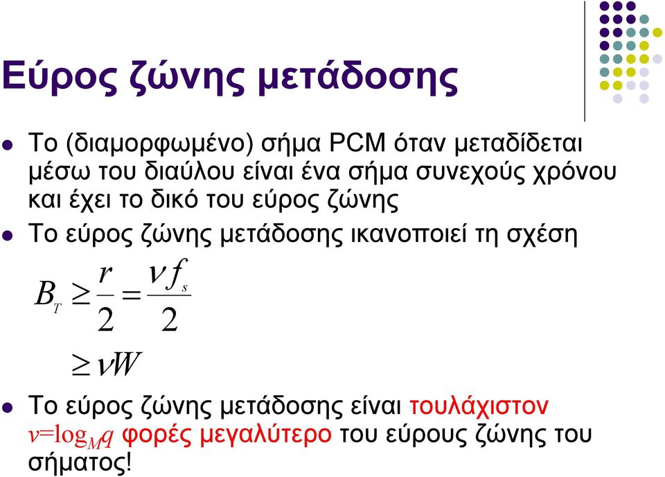 ζώνης μετάδοσης ικανοποιεί τη σχέση B T r ν f = 2 2 νw s Το εύρος ζώνης