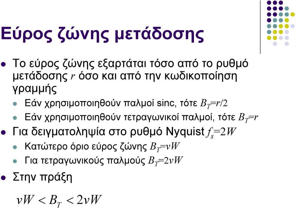 χρησιμοποιηθούν τετραγωνικοί παλμοί, τότε Β Τ =r Για δειγματοληψία στο ρυθμό Nyquist f