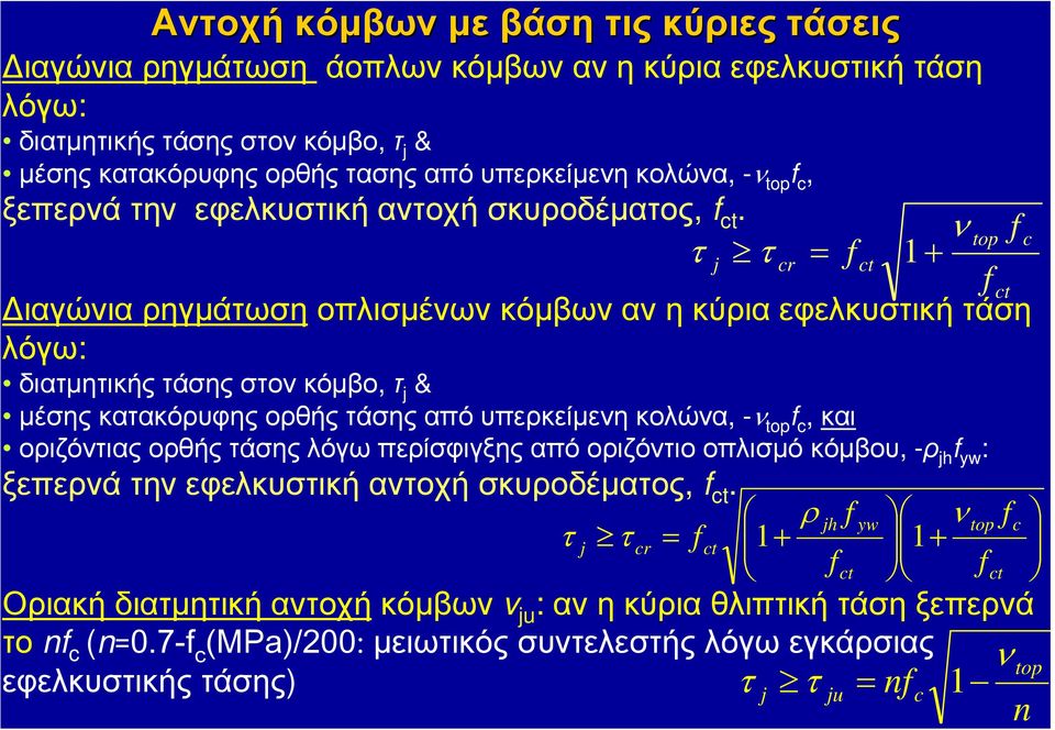 ν τ τ = f 1+ ιαγώνια ρηγµάτωση οπλισµένων κόµβων αν η κύρια εφελκυστική τάση λόγω: διατµητικήςτάσηςστονκόµβο, τ j & µέσηςκατακόρυφηςορθήςτάσηςαπόυπερκείµενηκολώνα, -ν top f c, και