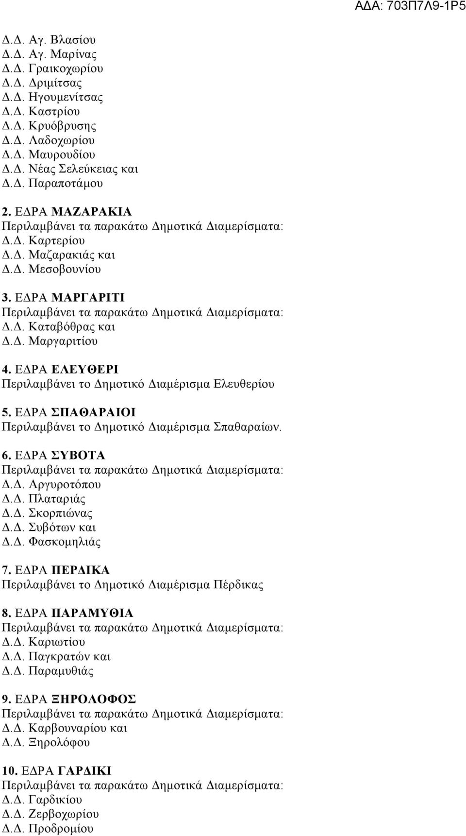 ΕΔΡΑ ΣΠΑΘΑΡΑΙΟΙ Περιλαμβάνει το Δημοτικό Διαμέρισμα Σπαθαραίων. 6. ΕΔΡΑ ΣΥΒΟΤΑ Δ.Δ. Αργυροτόπου Δ.Δ. Πλαταριάς Δ.Δ. Σκορπιώνας Δ.Δ. Συβότων και Δ.Δ. Φασκομηλιάς 7.