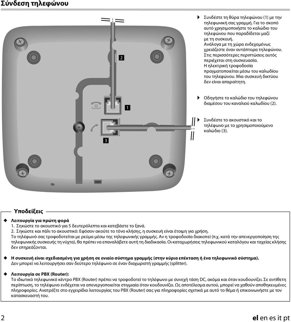 Η ηλεκτρικ τροφοδοσία πραγματοποιείται μέσω του καλωδίου του τηλεφώνου. Μια συσκευ δικτύου δεν είναι απαραίτητη. Οδηγστε το καλώδιο του τηλεφώνου διαμέσου του καναλιού καλωδίου (2).
