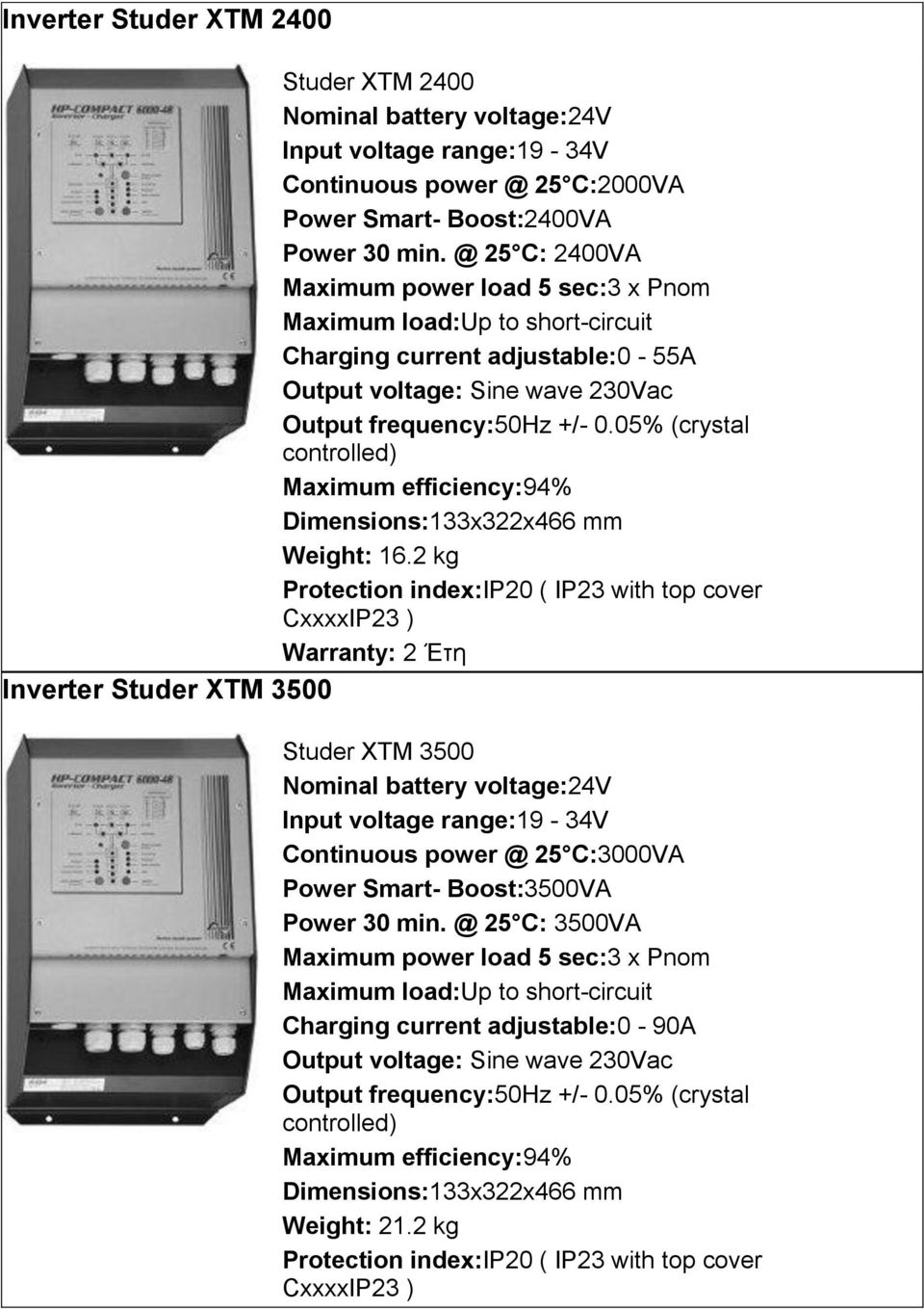 2 kg Inverter Studer XTM 3500 Studer XTM 3500 Nominal battery voltage:24v Input voltage range:19-34v Continuous power @ 25 C:3000VA Power