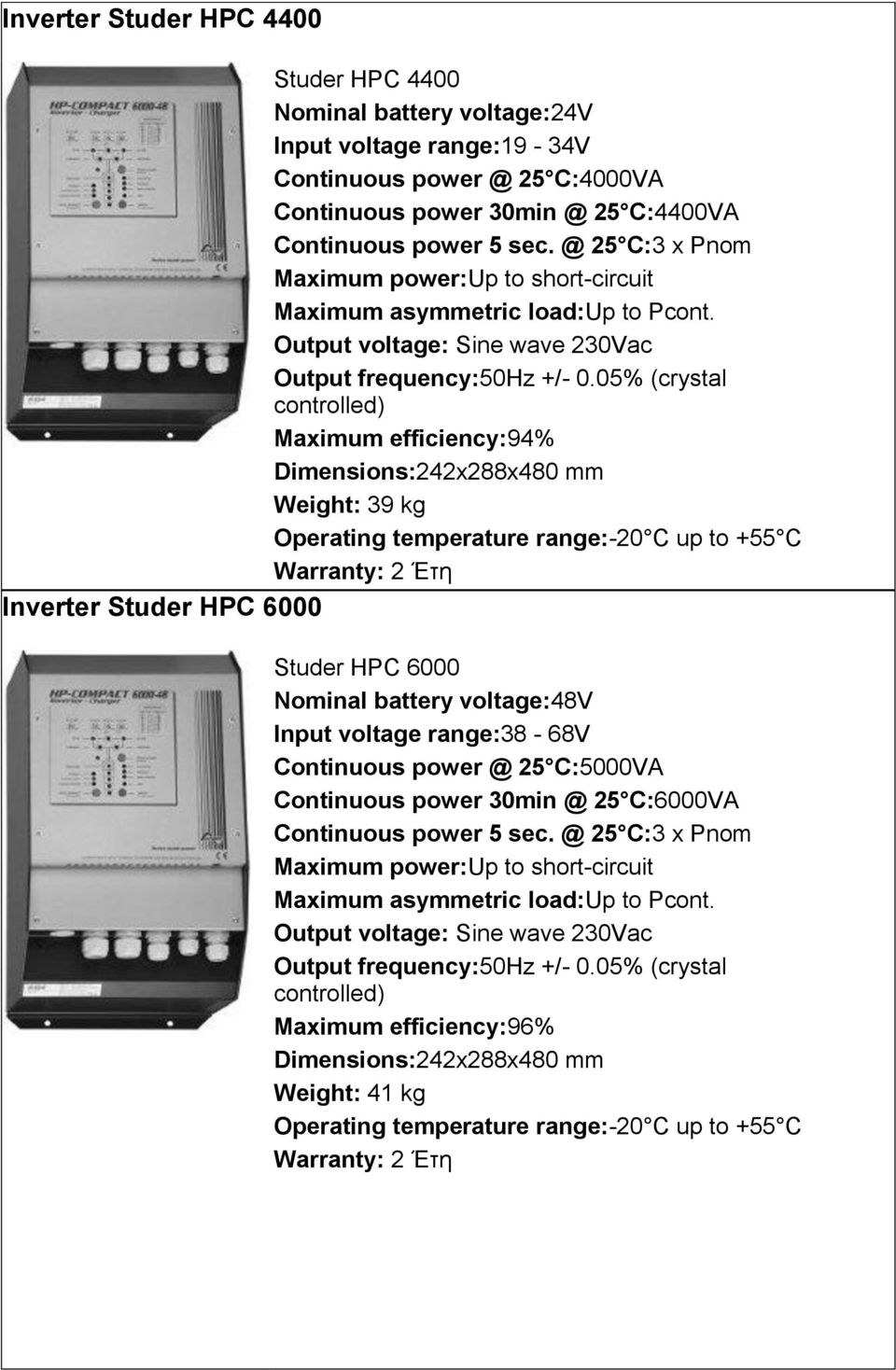 Maximum efficiency:94% Dimensions:242x288x480 mm Weight: 39 kg Operating temperature range:-20 C up to +55 C Inverter Studer HPC 6000 Studer HPC 6000 Nominal battery voltage:48v Input voltage