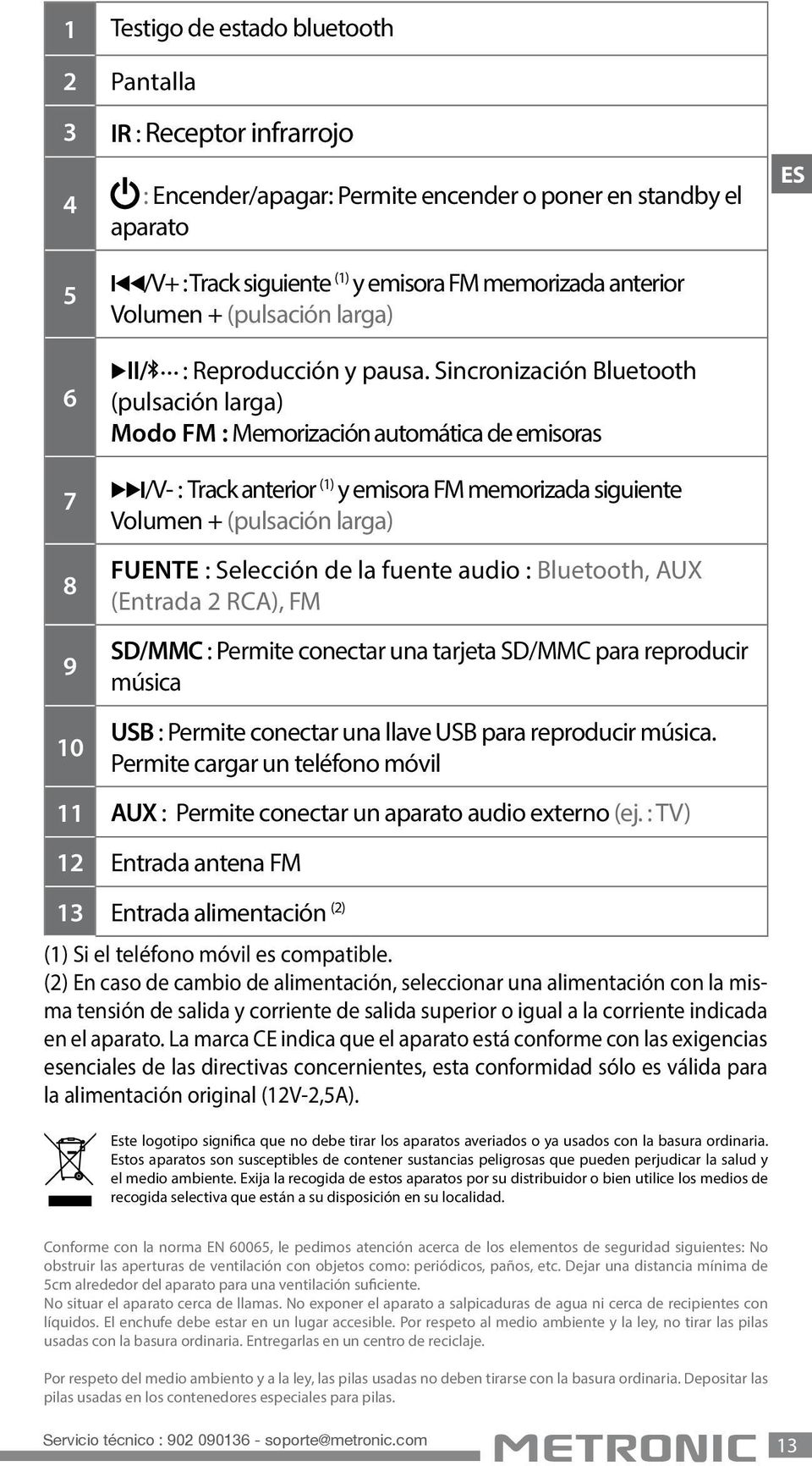 Sincronización Bluetooth (pulsación larga) Modo FM : Memorización automática de emisoras 7 8 9 10 ¹/V- : Track anterior (1) y emisora FM memorizada siguiente Volumen + (pulsación larga) FUENTE :