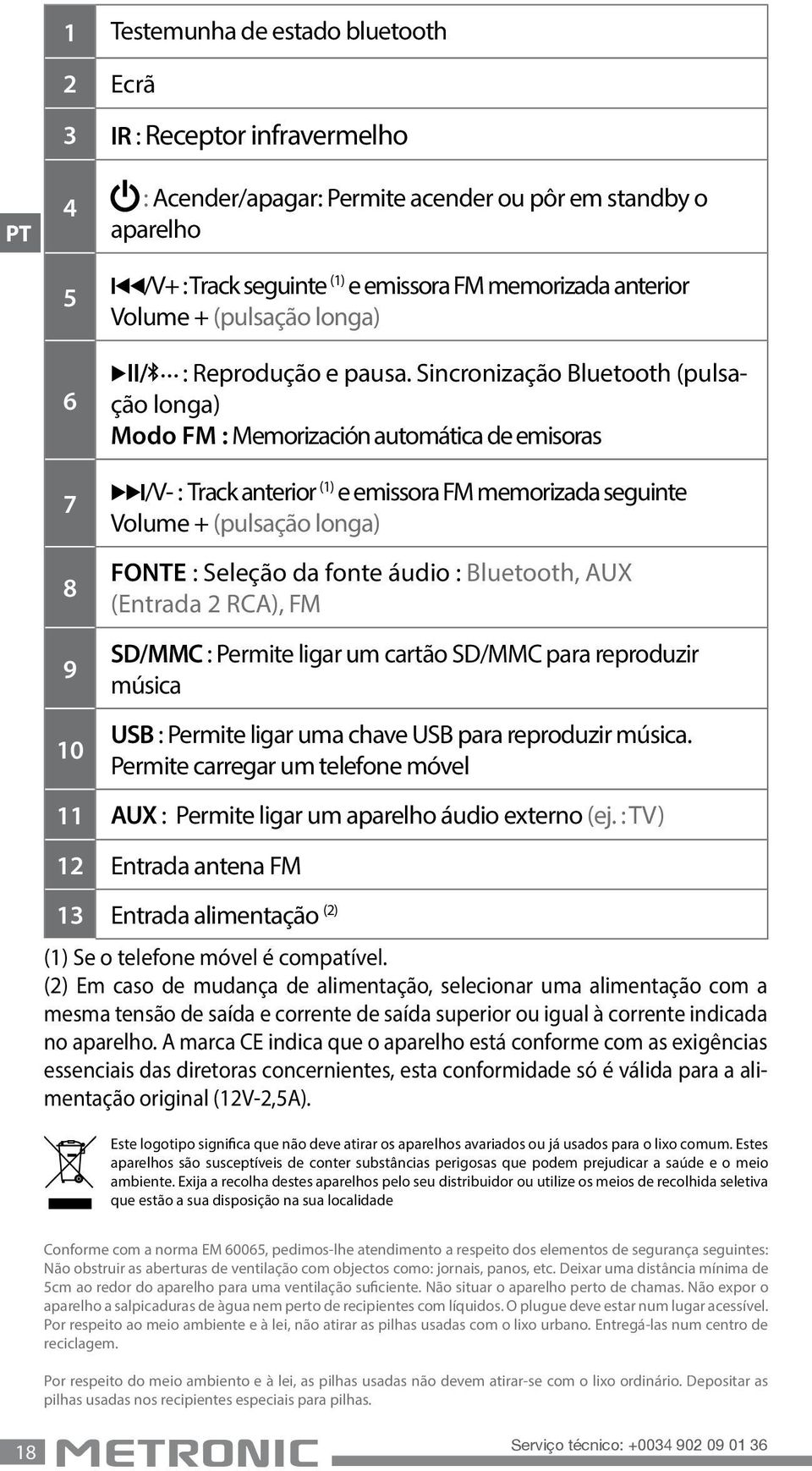 Sincronização Bluetooth (pulsação longa) Modo FM : Memorización automática de emisoras 7 8 9 10 ¹/V- : Track anterior (1) e emissora FM memorizada seguinte Volume + (pulsação longa) FONTE : Seleção