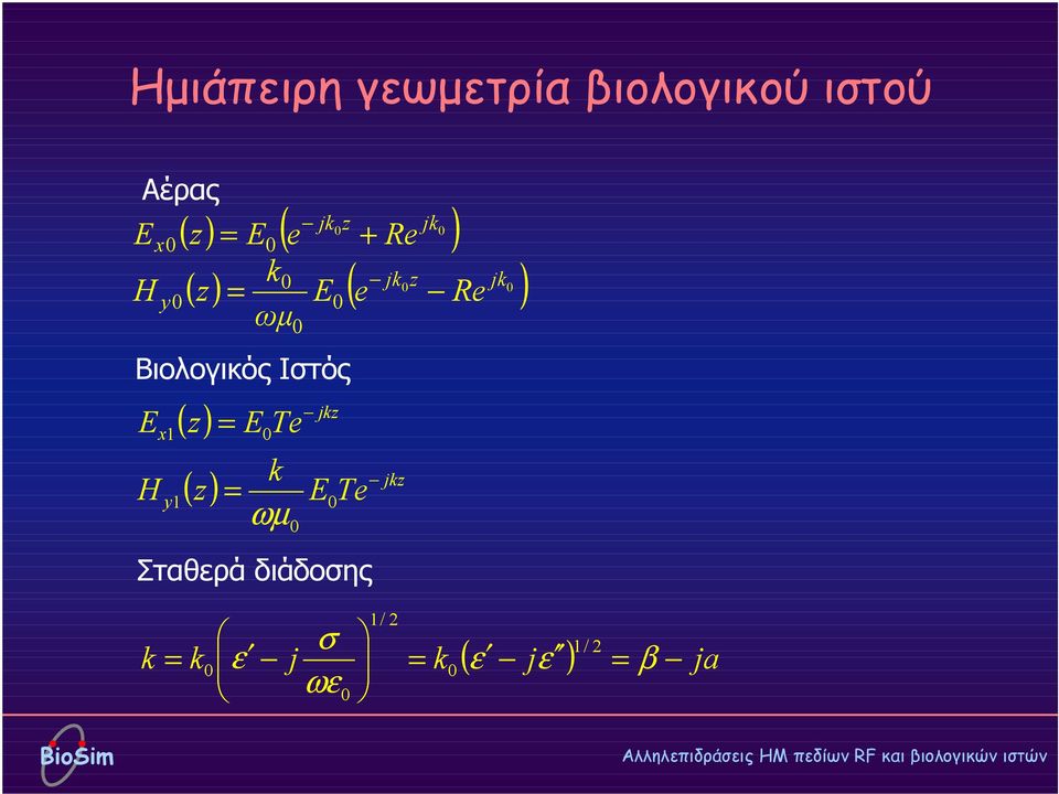 Βιολογικός Ιστός jkz 1 ( z) = E Te k jkz ( ) y1 z = ETe ωµ