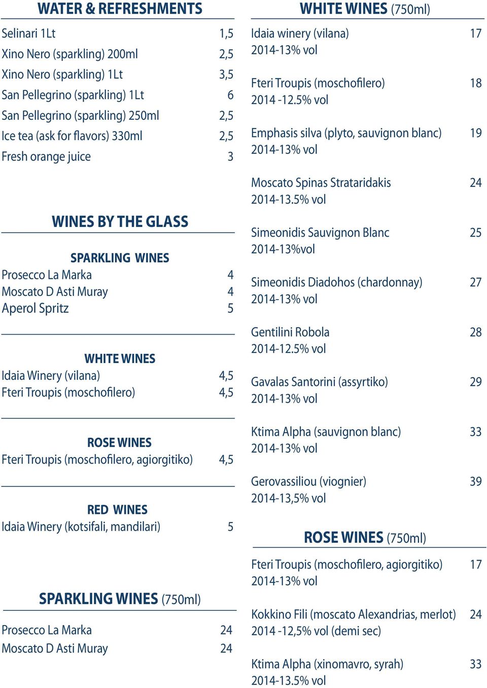 ROSE WINES Fteri Troupis (moschofilero, agiorgitiko) 4,5 RED WINES Idaia Winery (kotsifali, mandilari) 5 SPARKLING WINES (750ml) Prosecco La Marka 24 Moscato D Asti Muray 24 WHITE WINES (750ml) Idaia