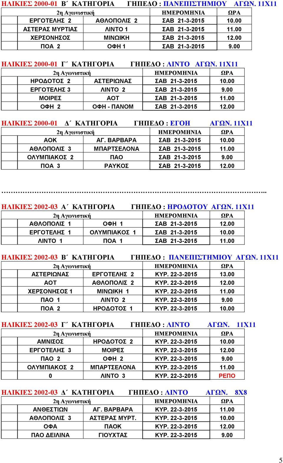 00 ΟΦΗ 2 ΟΦΗ - ΠΑΝΟΜ ΣΑΒ 21-3-2015 12.00 ΗΛΙΚΙΕΣ 2000-01 Δ ΚΑΤΗΓΟΡΙΑ ΓΗΠΕΔΟ : ΕΓΟΗ ΑΓΩΝ. 11Χ11 ΑΟΚ ΑΓ. ΒΑΡΒΑΡΑ ΣΑΒ 21-3-2015 10.00 ΑΘΛΟΠΟΛΙΣ 3 ΜΠΑΡΤΣΕΛΟΝΑ ΣΑΒ 21-3-2015 11.