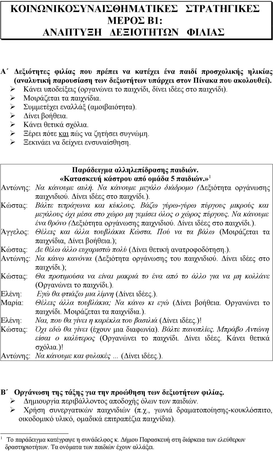 Ξέρει πότε και πώς να ζητήσει συγνώμη. Ξεκινάει να δείχνει ενσυναίσθηση. Παράδειγμα αλληλεπίδρασης παιδιών. «Κατασκευή κάστρου από ομάδα 5 παιδιών.» 1 Αντώνης: Να κάνουμε αυλή.