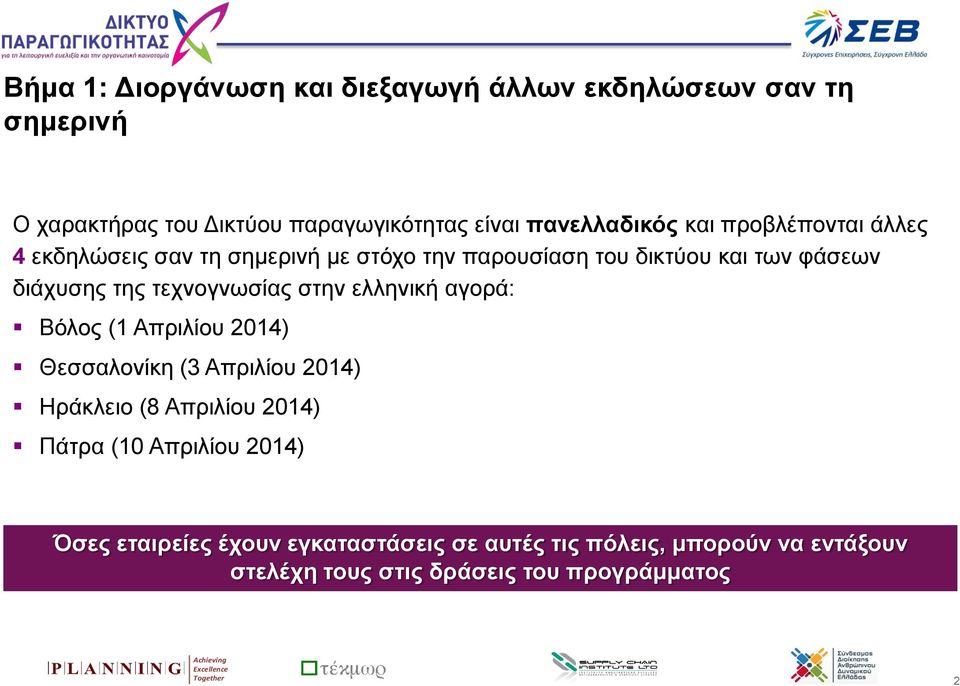 τεχνογνωσίας στην ελληνική αγορά: Βόλος (1 Απριλίου 2014) Θεσσαλονίκη (3 Απριλίου 2014) Ηράκλειο (8 Απριλίου 2014) Πάτρα (10