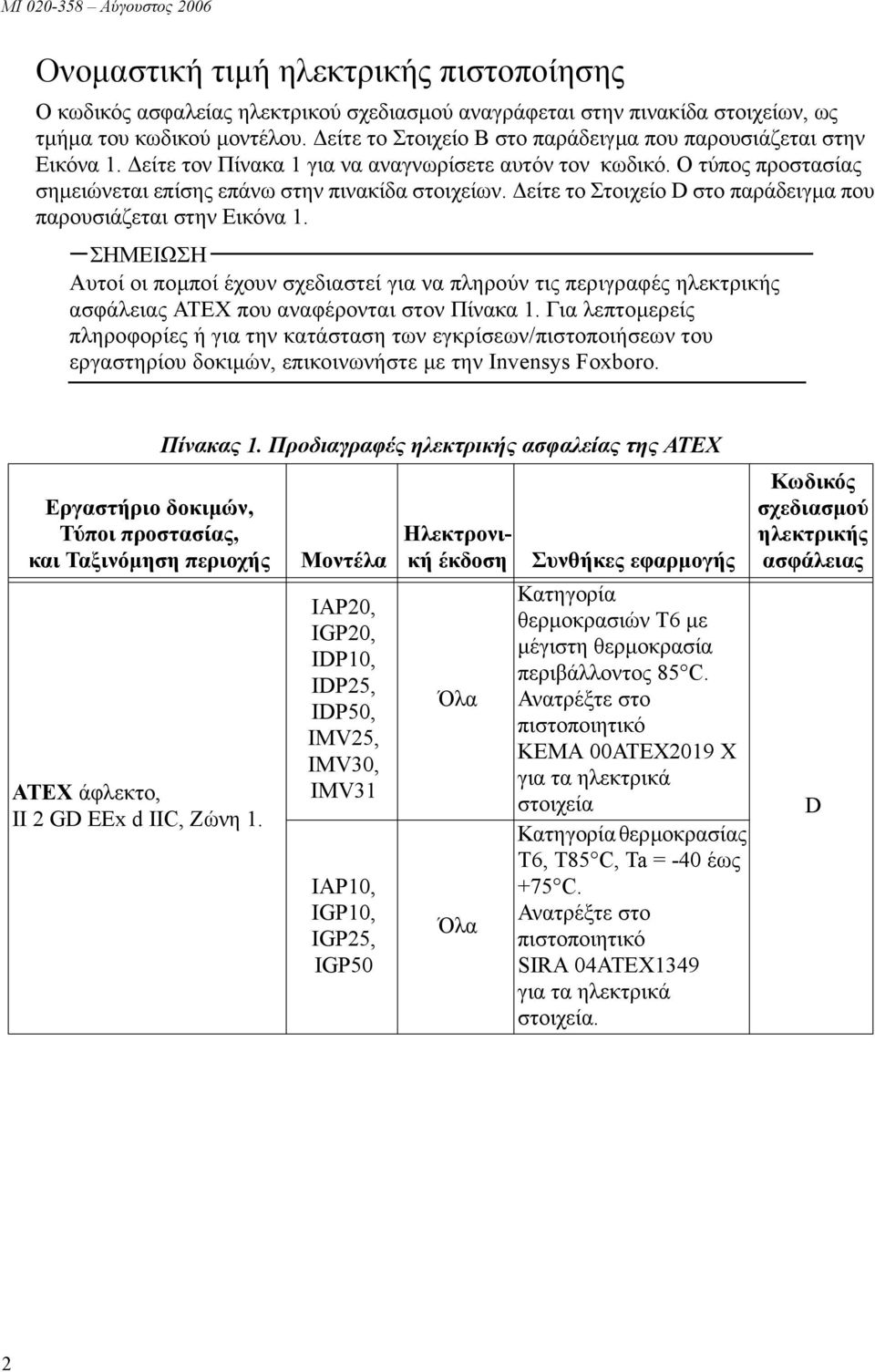 είτε το Στοιχείο D στο παράδειγµα που παρουσιάζεται στην Εικόνα 1. ΣΗΜΕΙΩΣΗ Αυτοί οι ποµποί έχουν σχεδιαστεί για να πληρούν τις περιγραφές ηλεκτρικής ασφάλειας ATEX που αναφέρονται στον Πίνακα 1.