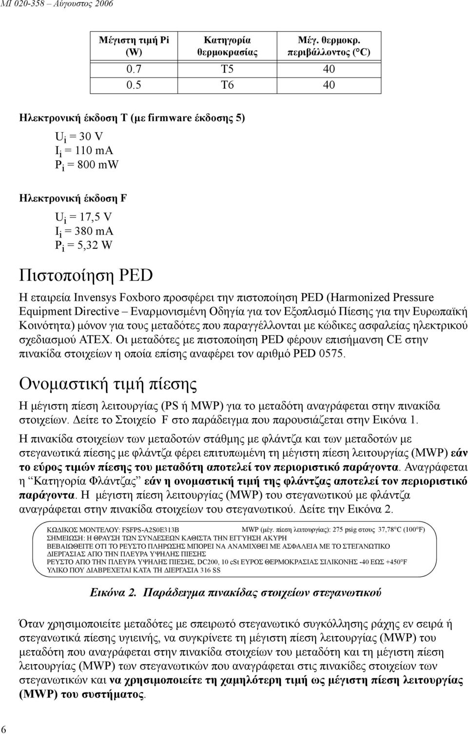 προσφέρει την πιστοποίηση PED (Harmonized Pressure Equipment Directive Εναρµονισµένη Οδηγία για τον Εξοπλισµό Πίεσης για την Ευρωπαϊκή Κοινότητα) µόνον για τους µεταδότες που παραγγέλλονται µε