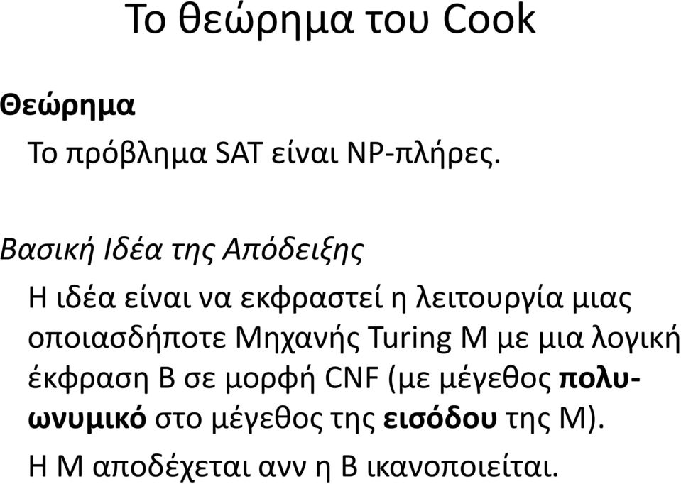 οποιασδήποτε Μηχανής Turing M με μια λογική έκφραση Β σε μορφή CNF (με