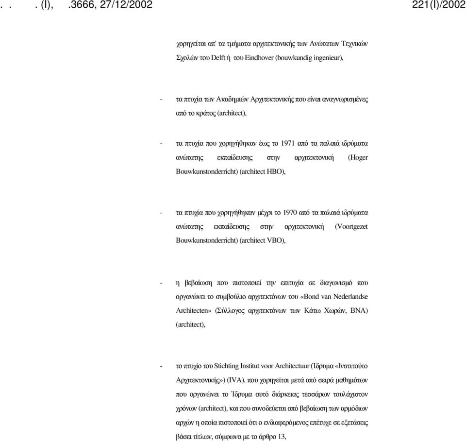 1970 από τα παλαιά ιδρύματα ανώτατης εκπαίδευσης στην αρχιτεκτονική (Voortgezet Bouwkunstonderricht) (architect VBO), - η βεβαίωση που πιστοποιεί την επιτυχία σε διαγωνισμό που οργανώνει το συμβούλιο