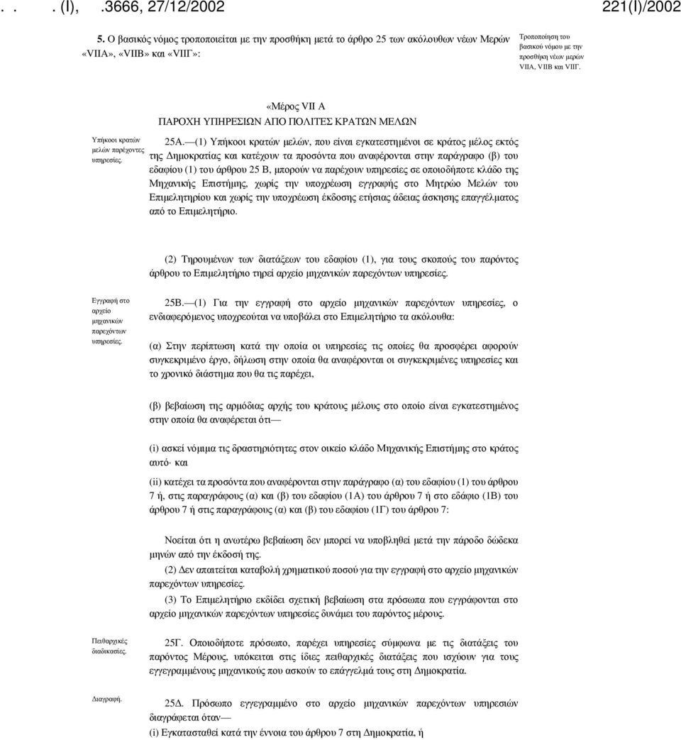 (1) Υπήκοοι κρατών μελών, που είναι εγκατεστημένοι σε κράτος μέλος εκτός της Δημοκρατίας και κατέχουν τα προσόντα που αναφέρονται στην παράγραφο (β) του εδαφίου (1) του άρθρου 25 Β, μπορούν να