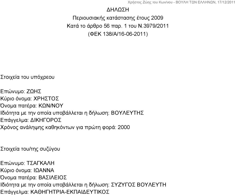 Ιδιότητα με την οποία υποβάλλεται η δήλωση: ΒΟΥΛΕΥΤΗΣ Επάγγελμα: ΔΙΚΗΓΟΡΟΣ Χρόνος ανάληψης καθηκόντων για πρώτη φορά: