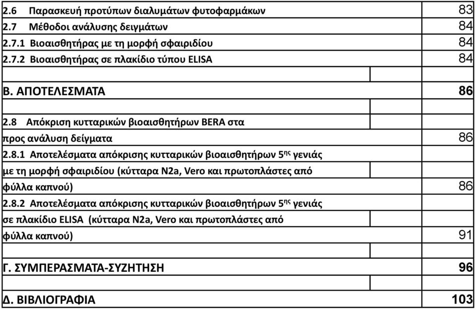 2.8 Απόκριση κυτταρικών βιοαισθητήρων BERA στα προς ανάλυση δείγματα 86 2.8.1 Αποτελέσματα απόκρισης κυτταρικών βιοαισθητήρων 5 ης γενιάς με τη μορφή σφαιριδίου (κύτταρα N2a, Vero και πρωτοπλάστες από φύλλα καπνού) 86 2.