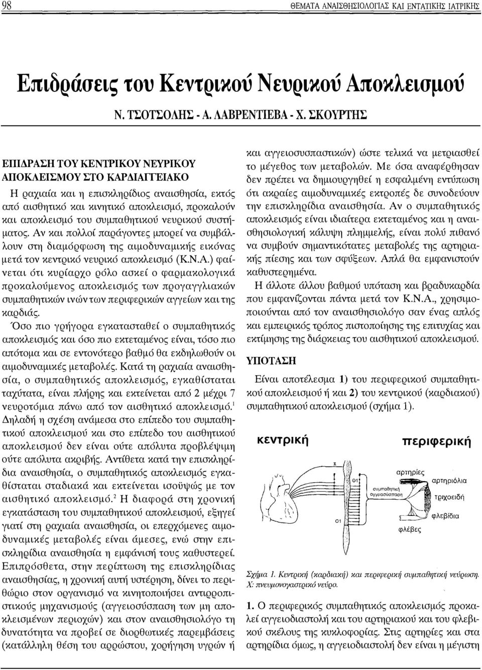 νευρικύ συστήματς. Αν και πλλί παράγντες μπρεί να συμβάλλυν στη διαμόρφωση της αιμδυναμικής εικόνας μετά τν κεντρικό νευρικό απκλεισμό (Κ.Ν.Α.) φαίνεται ότι κυρίαρχ ρόλ ασκεί φαρμακλγικά πρκαλύμενς απκλεισμός των πργαγγλιακών συμπαθητικών ινών των περιφερικών αγγείων και της καρδιάς.