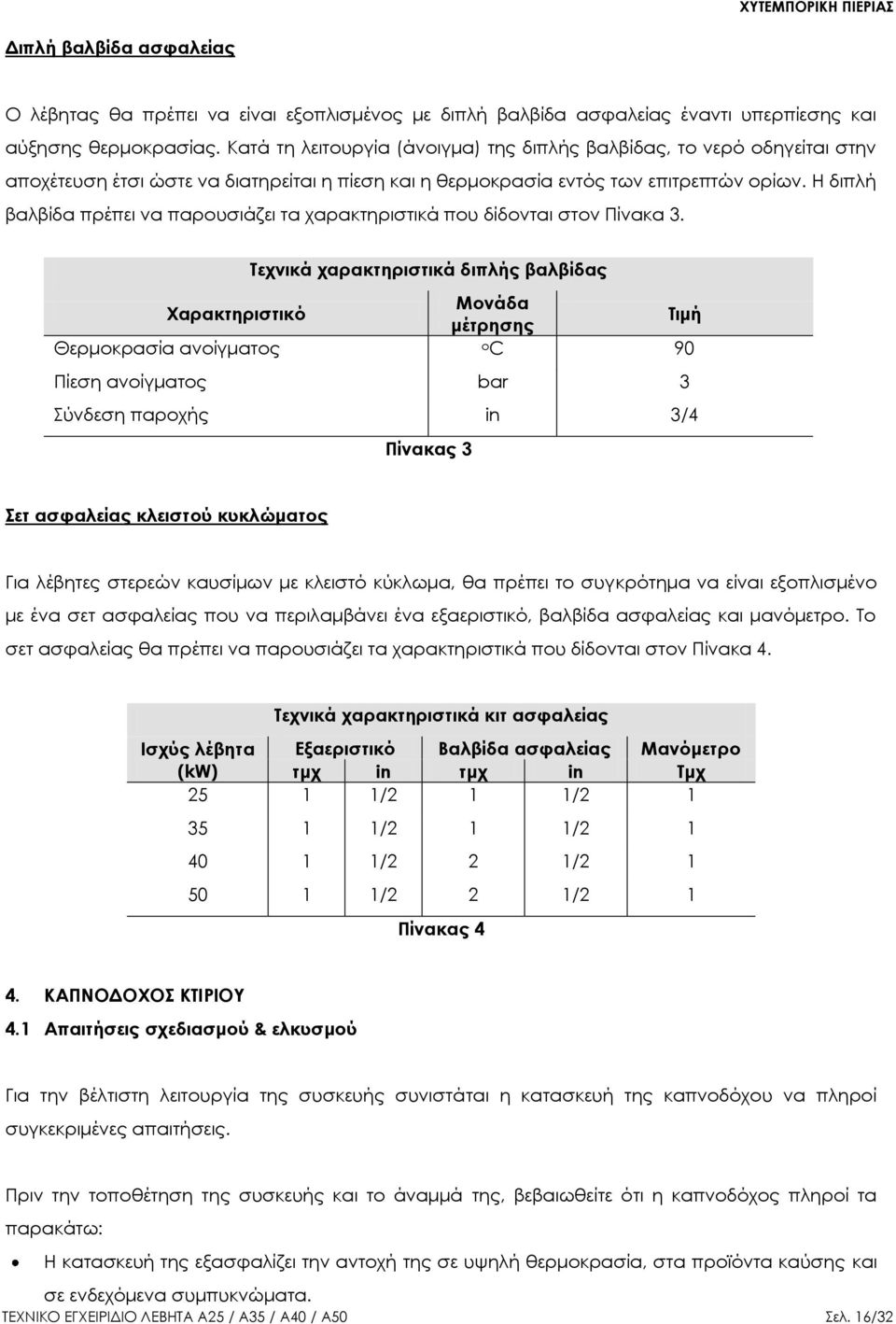 Η διπλή βαλβίδα πρέπει να παρουσιάζει τα χαρακτηριστικά που δίδονται στον Πίνακα 3.