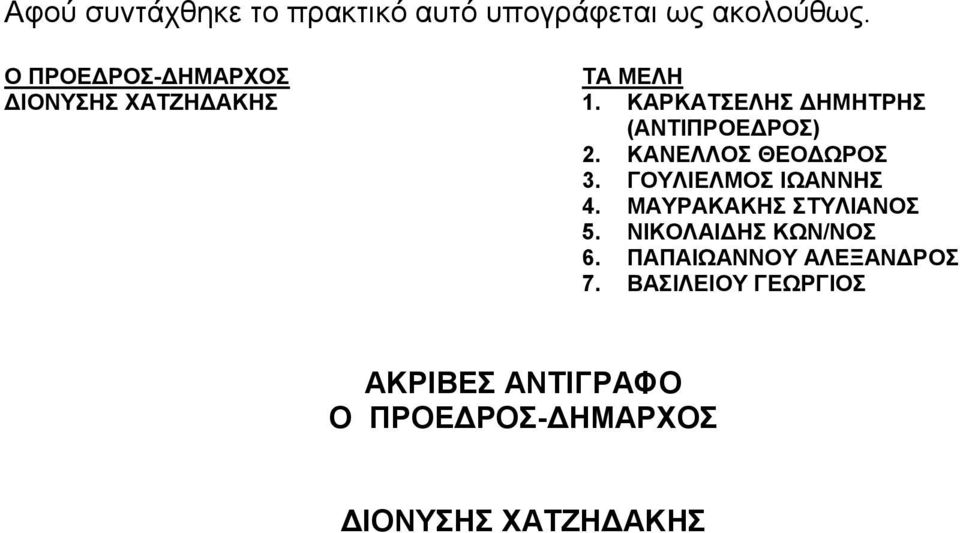 ΚΑΡΚΑΤΣΕΛΗΣ ΔΗΜΗΤΡΗΣ (ΑΝΤΙΠΡΟΕΔΡΟΣ) 2. ΚΑΝΕΛΛΟΣ ΘΕΟΔΩΡΟΣ 3. ΓΟΥΛΙΕΛΜΟΣ ΙΩΑΝΝΗΣ 4.