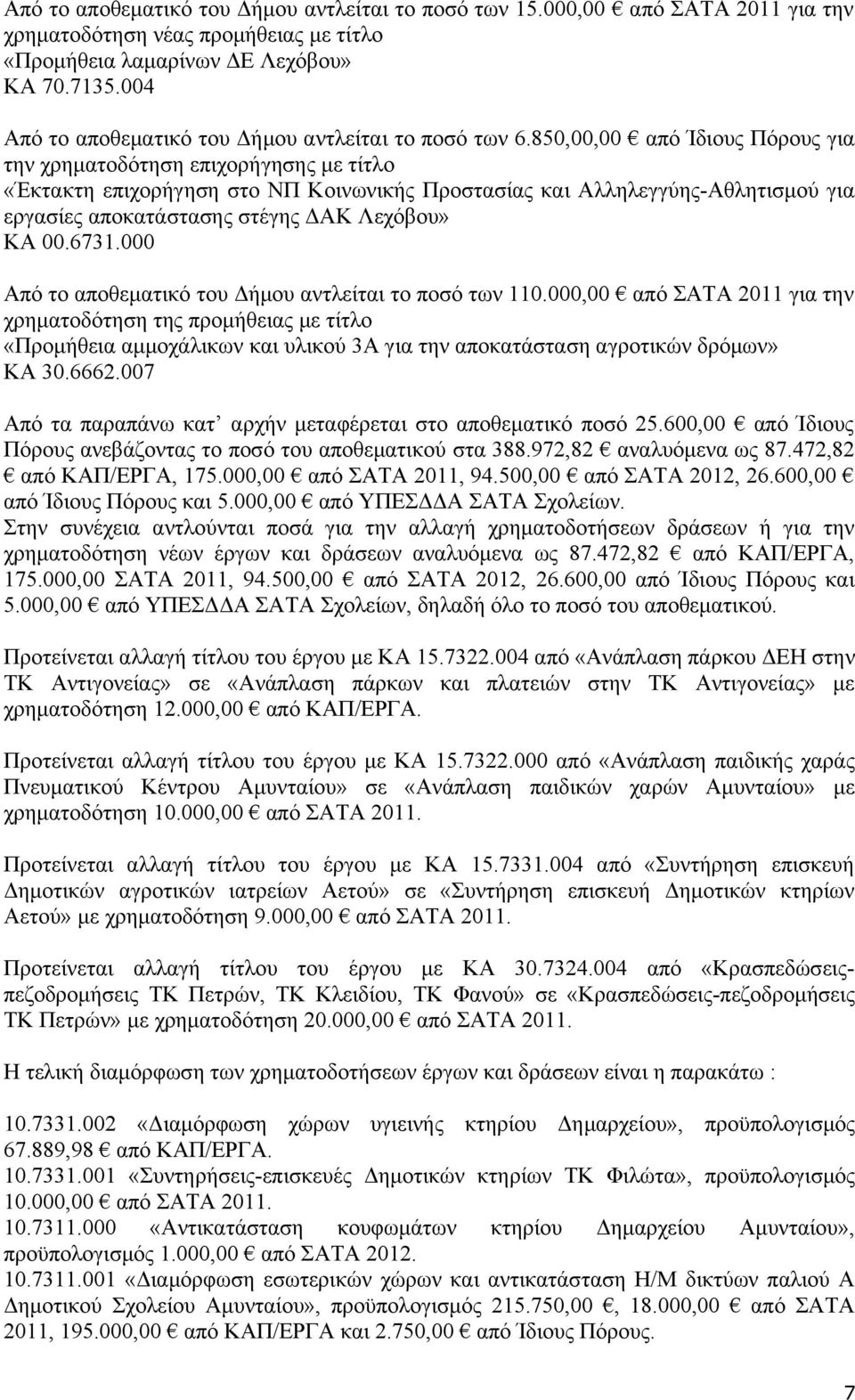 850,00,00 από Ίδιους Πόρους για την χρηματοδότηση επιχορήγησης με τίτλο «Έκτακτη επιχορήγηση στο ΝΠ Κοινωνικής Προστασίας και Αλληλεγγύης-Αθλητισμού για εργασίες αποκατάστασης στέγης ΔΑΚ Λεχόβου» ΚΑ