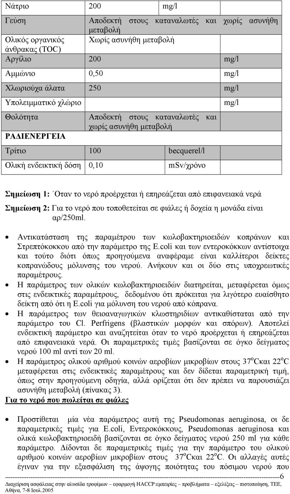 επηρεάζεται από επιφανειακά νερά Σηµείωση 2: Για το νερό που τοποθετείται σε φιάλες ή δοχεία η µονάδα είναι αρ/250ml.