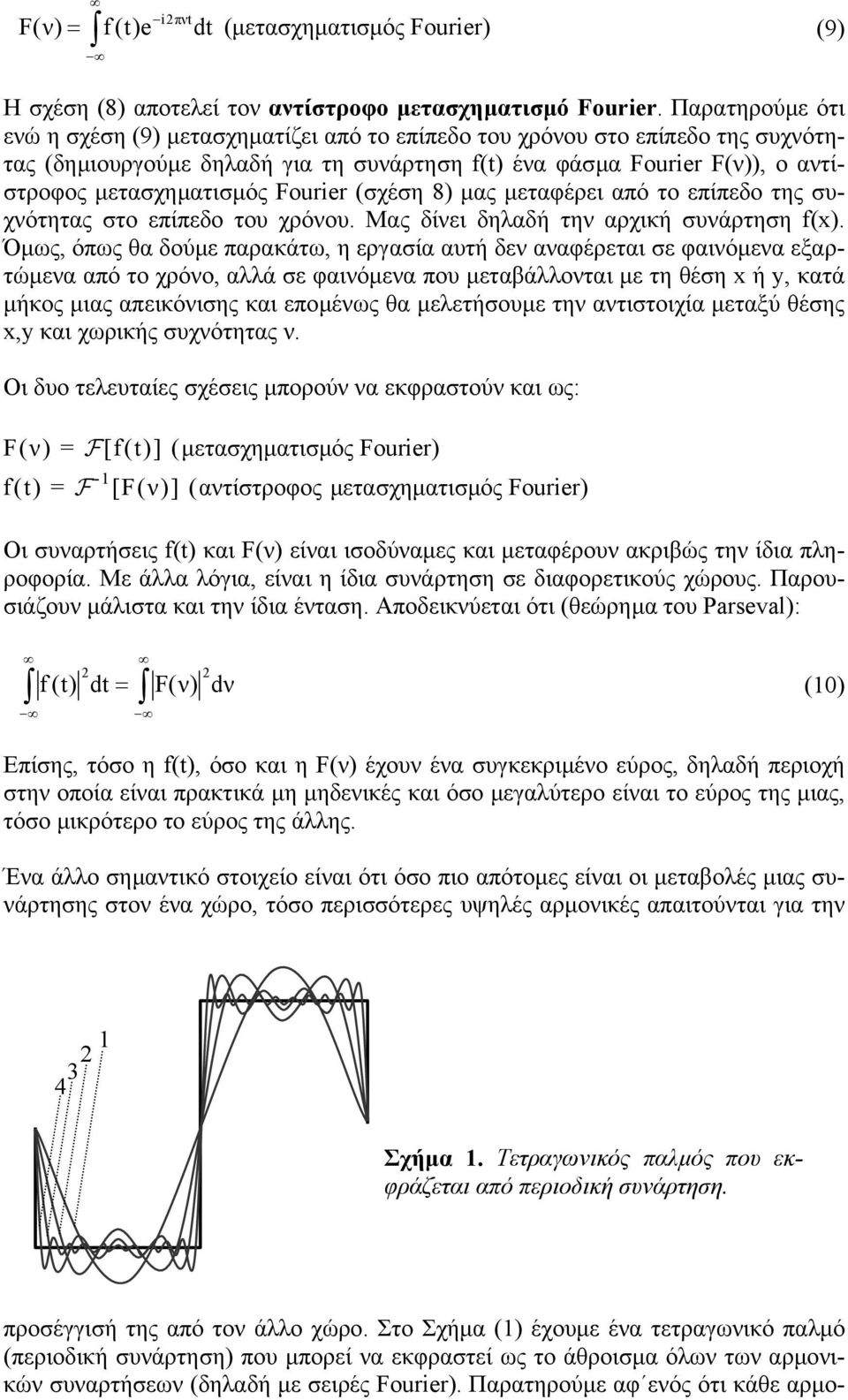 µετασχηµατισµός Fourier (σχέση 8) µας µεταφέρει από το επίπεδο της συχνότητας στο επίπεδο του χρόνου. Μας δίνει δηλαδή την αρχική συνάρτηση f(x).