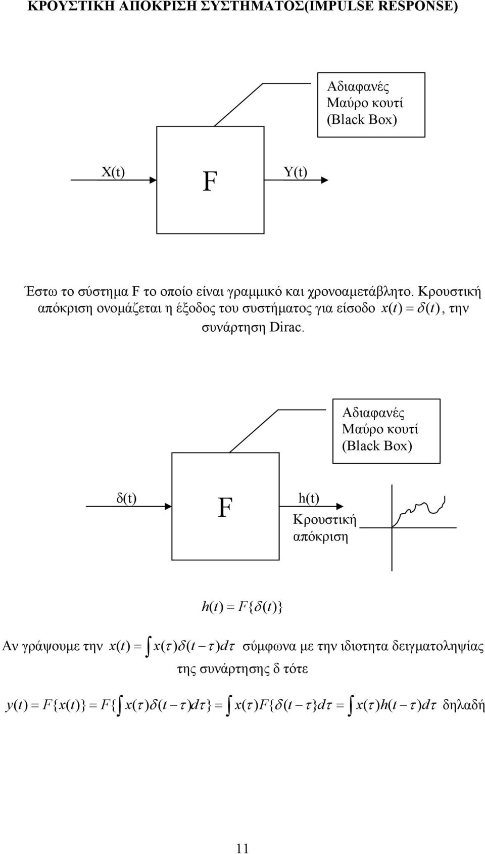 Κρουσική απόκριση ονοµάζεαι η έξοδος ου συσήµαος για είσοδο x() = δ (), ην συνάρηση Dirc.