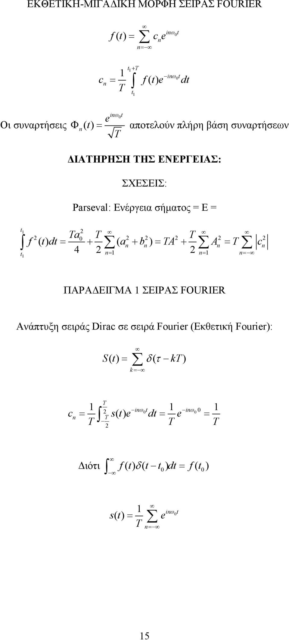 b A A c () = + ( + ) = + = 4 = = = ΠΑΡΑ ΕΙΓΜΑ ΣΕΙΡΑΣ FOURIER Ανάπυξη σειράς Dirc σε σειρά Fourier