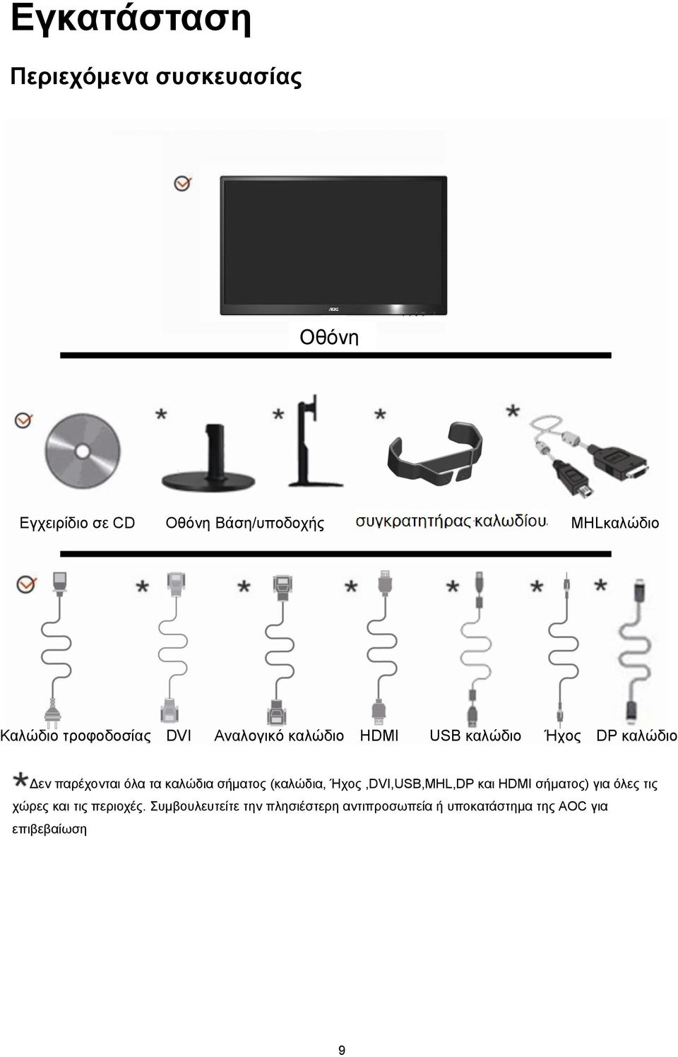 τα καλώδια σήματος (καλώδια, Ήχος,DVI,USB,MHL,DP και HDMI σήματος) για όλες τις χώρες και τις