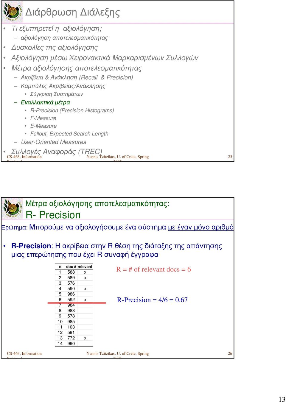 Measures Συλλογές Αναφοράς (TREC) 25 Μέτρα αξιολόγησης αποτελεσματικότητας: R- Precision Ερώτηµα: Μπορούµε να αξιολογήσουµε ένα σύστηµα µε έναν µόνο αριθµό; R-Precision: Η ακρίβεια στην R θέση της