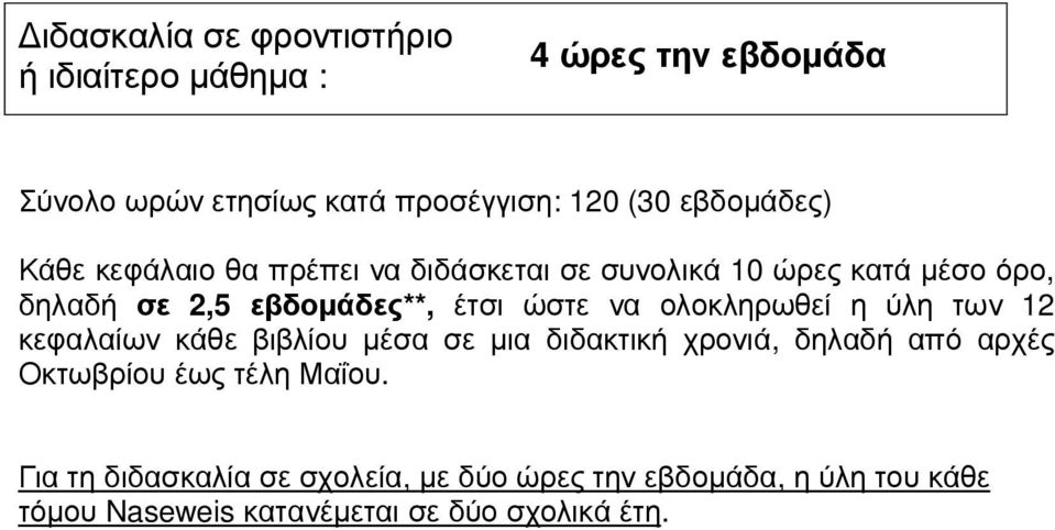 ώστε να ολοκληρωθεί η ύλη των 12 κεφαλαίων κάθε βιβλίου µέσα σε µια διδακτική χρονιά, δηλαδή από αρχές Οκτωβρίου έως