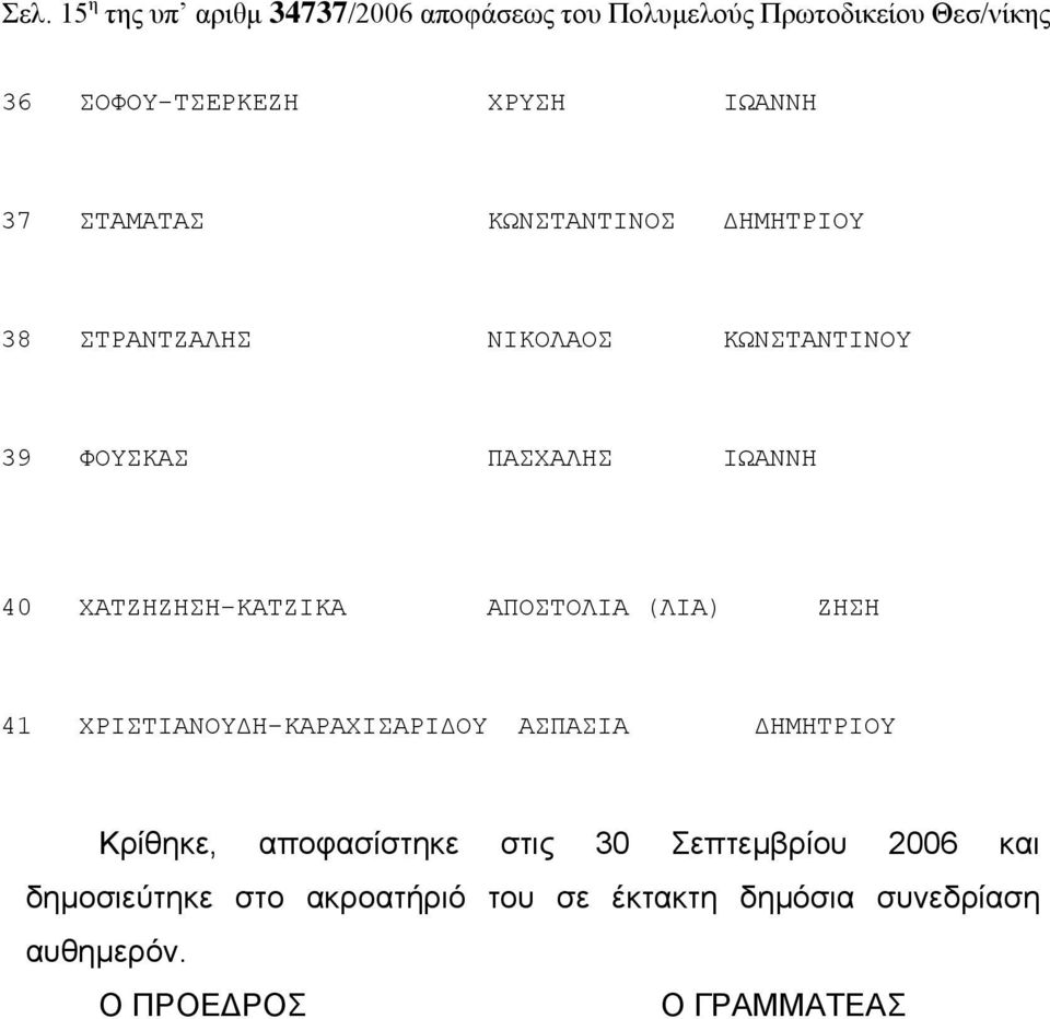 ΧΑΤΖΗΖΗΣΗ-ΚΑΤΖΙΚΑ ΑΠΟΣΤΟΛΙΑ (ΛΙΑ) ΖΗΣΗ 41 ΧΡΙΣΤΙΑΝΟΥΔΗ-ΚΑΡΑΧΙΣΑΡΙΔΟΥ ΑΣΠΑΣΙΑ ΔΗΜΗΤΡΙΟΥ Κρίθηκε, αποφασίστηκε