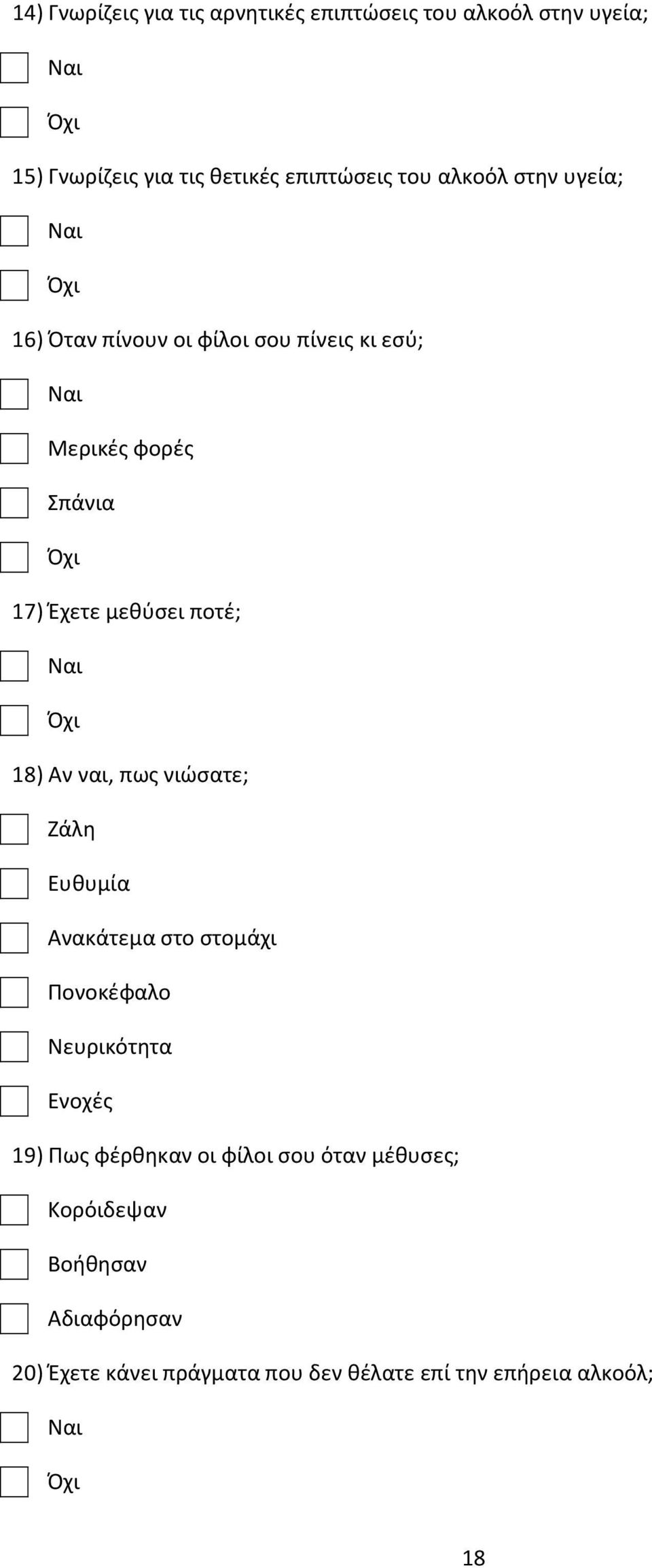 Αν ναι, πως νιώσατε; Ζάλη Ευθυμία Ανακάτεμα στο στομάχι Πονοκέφαλο Νευρικότητα Ενοχές 19) Πως φέρθηκαν οι φίλοι