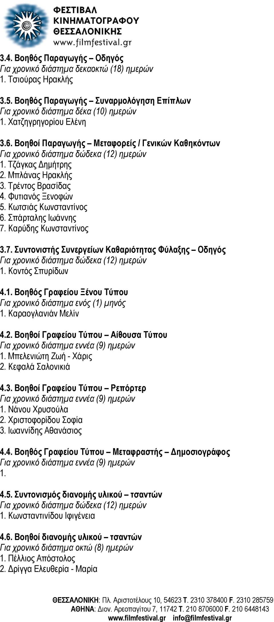 7. Συντονιστής Συνεργείων Καθαριότητας Φύλαξης Οδηγός 1. Κοντός Σπυρίδων 4.1. Βοηθός Γραφείου Ξένου Τύπου 1. Καραογλανιάν Μελίν 4.2.