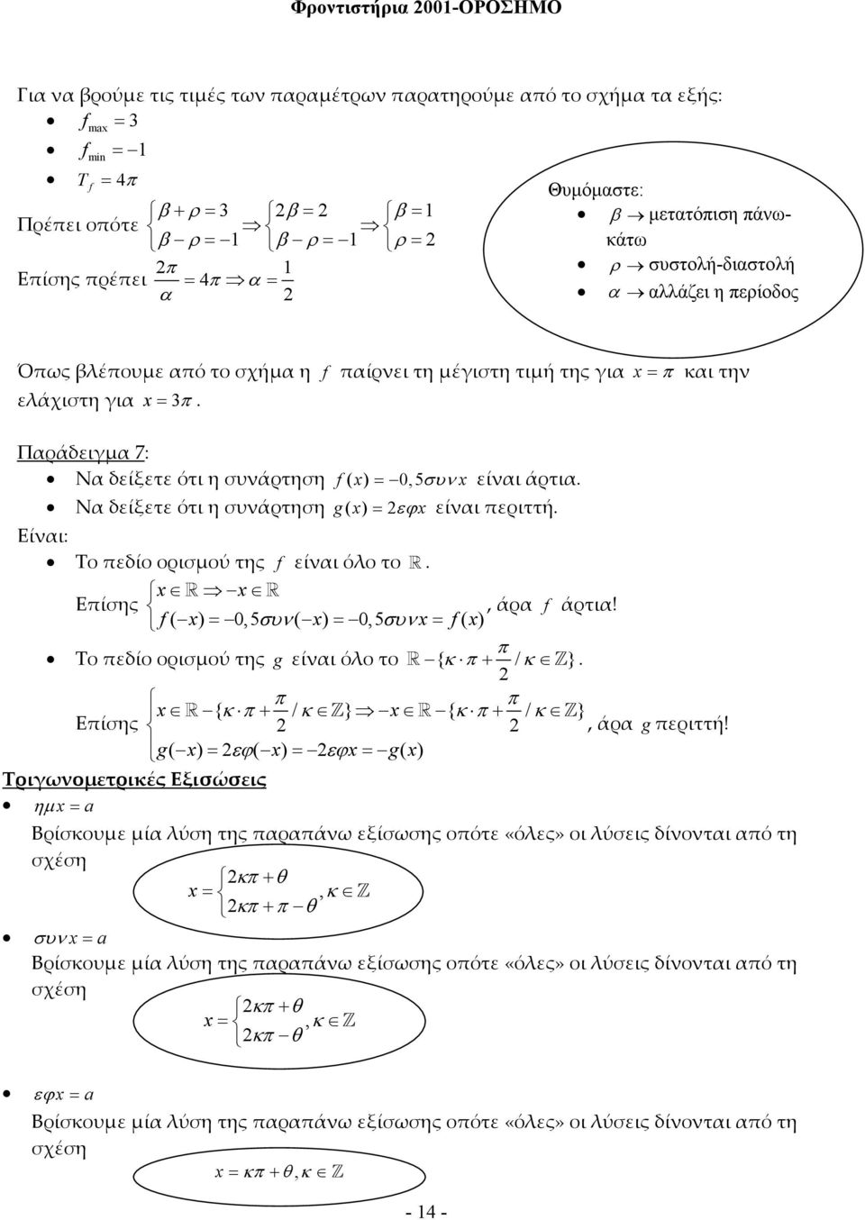 Ν δείξετε ότι η συάρτηση g = εϕ είι περιττή. Είι: Το πεδίο ορισμού της f είι όλο το R. R R Επίσης, άρ f άρτι! f ( ) =,5 συ ( ) =,5 συ= f π Το πεδίο ορισμού της g είι όλο το R { κ π + / κ Z }.